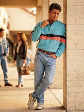 International Male Men XL Henley Sweatshirt Cyan Blue Pink Cotton Archival Rare